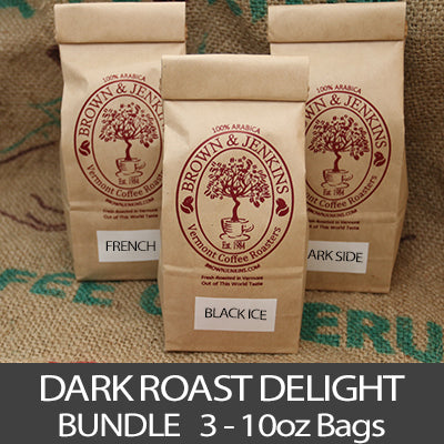 Dark Roast Delight Bundle of three bags of coffee from brown and jenkins coffee roaster dark roast coffee collection