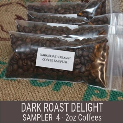 Dark Roast Delight Coffee Sample packages contains four different dark roast coffees each brews a 12 cup pot of coffee from brown and jenkins dark roast coffee collection