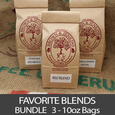 favorite blends coffee bundle from brown and jenkins coffee roasters most popular signature blend coffees. You get 3 bags of coffee 802 blend, vermont breakfast blend and brown and jenkins special blend