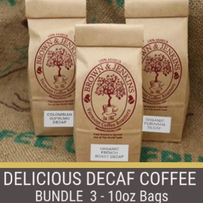 delicious decaf coffee bundle. you get three bags of decaf coffee colombian supremo decaf coffee, organic french roast decaf coffee and organic peruvian decaf coffee from brown and jenkins coffee collections decaf collection
