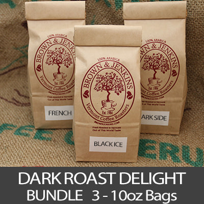 Dark Roast Delight Bundle of three bags of coffee from brown and jenkins coffee roaster dark roast  coffee collection
