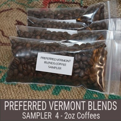 preferred vermont blends coffee sample package has 4 packages of our most popular coffees from the Vermont coffee collection. Each will brew a 12 cup pot of coffee