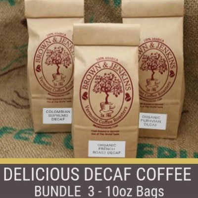 delicious decaf coffee bundle. you get three  bags of decaf coffee colombian supremo decaf coffee,  organic french roast decaf coffee and organic peruvian decaf coffee from brown and jenkins coffee collections decaf collection