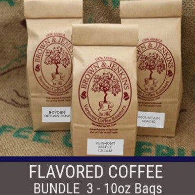 flavored coffee bundle from brown and jenkins coffee roasters flavored coffee collection comes with 3 bags of coffee vermont maple cream, mountain magic and boydens brown cow