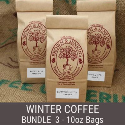 Winter flavored coffee bundle from brown and jenkins coffee roaster of vermont winter holiday christmas collection. you get three bags of winter flavor coffee. Save money